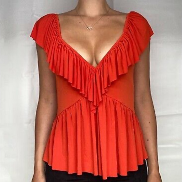 Zara Orange Ruffle V-Neck Blouse - Picture 3 of 8